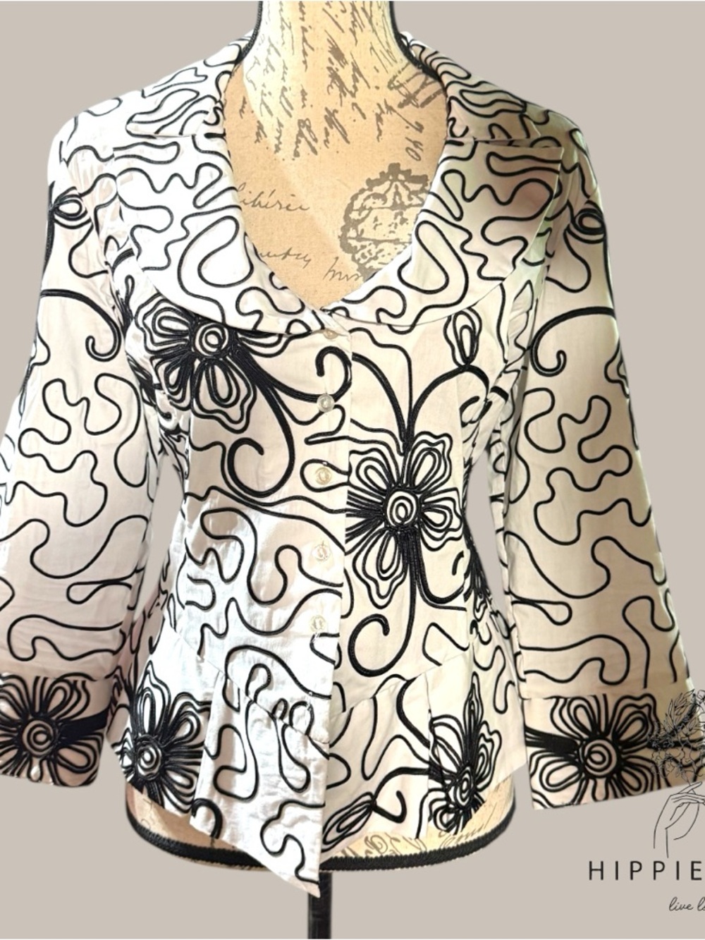 Samuel Dong White with Black Embroidered Detailing Cotton Blend Jacket Size L
